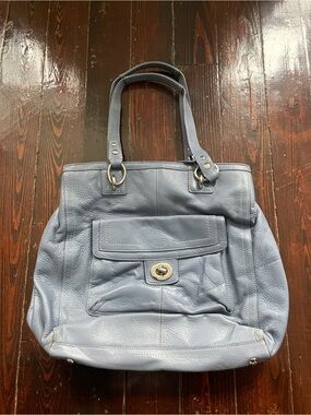 Coach Light Blue Pebbled Leather Tote with Front Turn-Lock Pocket